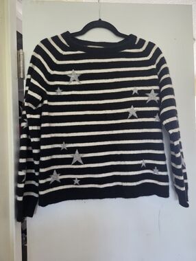 Philosophy brand cashmere sweater top in black and white stripes with stars